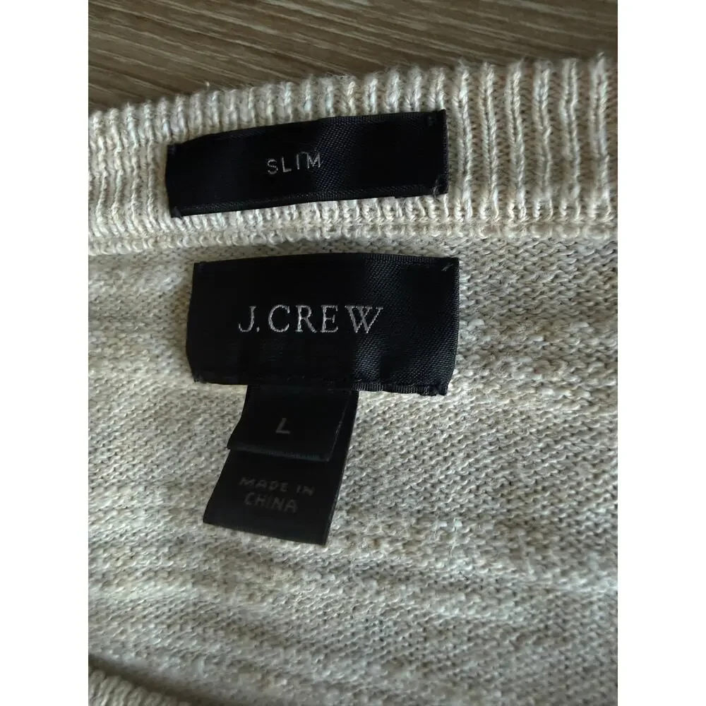 J.Crew Men L Slim Cream Navy Blue Striped 100% Cotton Crewneck Sweater